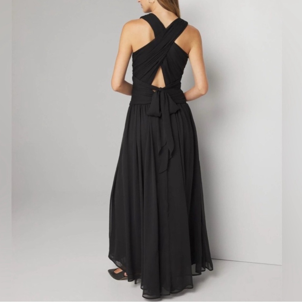 WHBM NWT Black SL Pleated Chiffon Crossback Cutout Ruffle Maxi Dress 2P